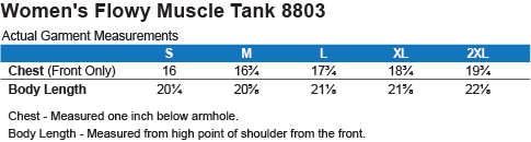 Bella Muscle Tank Size Chart